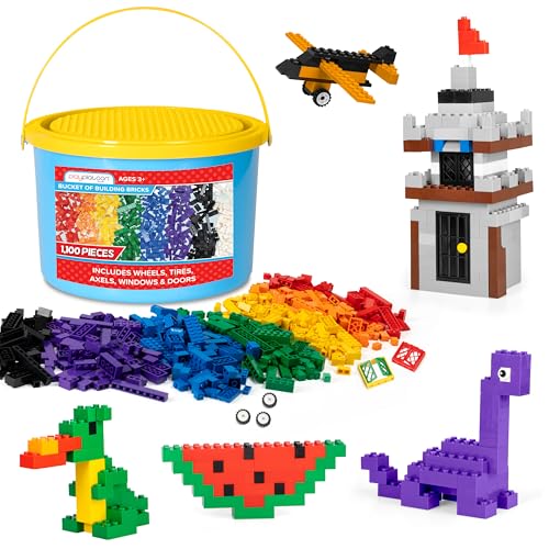 Play Platoon 1100 Pieces Building Bricks Set - 10 Classic Color Blocks - Bulk Building Blocks Compatible with Major Brands, 14 Different Shape Bricks - Includes Wheels, Tires, Axles, Windows & Door - color: 1,100 Piece Brights W/ Bucket