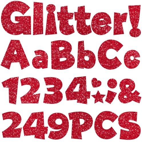 249 Pcs Glitter Bulletin Board Letters Numbers and Punctuation, 4 Inch Alphabet Poster Board Cardboard Letter Cutouts with Adhesive Dots for Classroom Bulletin Board School Decorations (Red) - color: Red