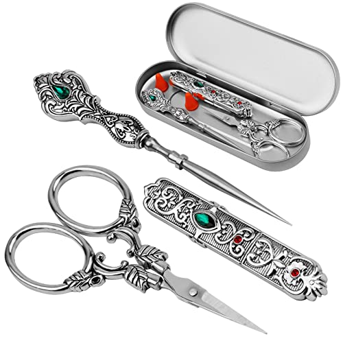 kdafio Embroidery Scissors Kits, Vintage Scissors European Style Sewing Tools with Embroidery Scissors, Sewing Awl, Sewing Needle Case, Complete Sewing Kits for Embroidery and Craft Art Work (Silver)