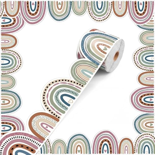 Tenceur 120 FT Rainbow Bulletin Board Borders, Scalloped Die-Cut Classroom Border Trim, Colorful Bulletin Board Decorations for School, Offices, Whiteboard, Walls, Doors, Desk, Locker(Boho) - color: Boho