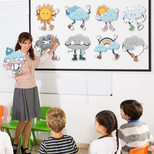 Fulmoon 9 Pcs Weather Posters Set Human Shaped Weather Table Chart Weather Bulletin Board Division Chart Artificial Weather Chart for Preschool Kindergarten Leaning Studying Classroom Wall Decor