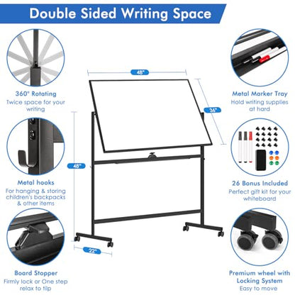 Large Rolling White Board, 48x36 in Double-Sided Mobile Whiteboard, maxtek Reversible Magnetic Dry Erase Board Easel Standing Whiteboard on Wheels School Supplies for Classroom Office and Home, Black - color: Black, size: 48 x 36 inches