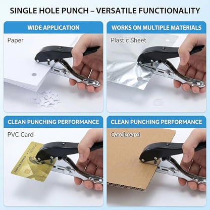 Single Hole Punch, 8mm Heavy Duty Hand Held Paper Puncher for Paper Cards Plastic and Cardboard, Portable Long Handle Design,Black