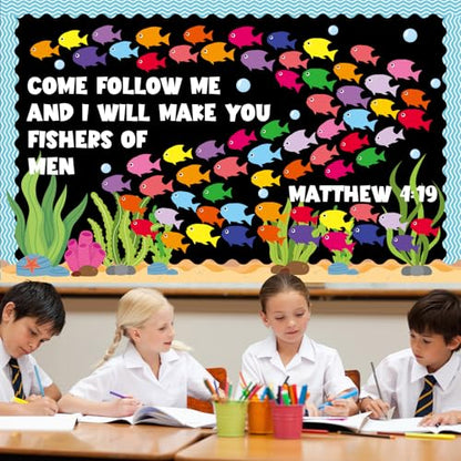 Fishers of Men Bulletin Board Classroom Decorations Christian Religious Bible Bulletin Board Sets Fish Paper Cutouts for Jesus Church Sunday Summer VBS Back to School Teacher Chalkboard Wall Supplies - style: Fishers of Men