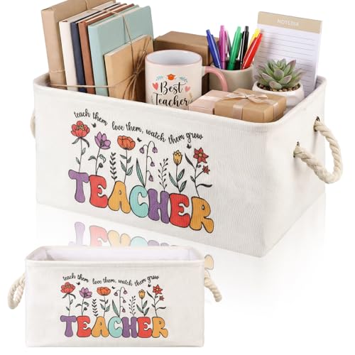 Marsui Teacher Basket Teacher Appreciation Gifts Book Storage Basket Large Foldable Linen Reading Accessories Back to School Teachers Storage Bins Gifts from Student Classroom Office Home - color: White Brown, size: Teacher