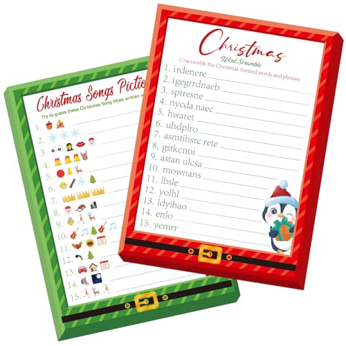 COCHIE 30 Players Christmas Party Games for Adults Family Office Large Groups, Xmas Parties Songs Pictionary Game, Riddle Game, Word Scramble Games with Answer Key (Santa & Penguin) - style: Santa & Penguin