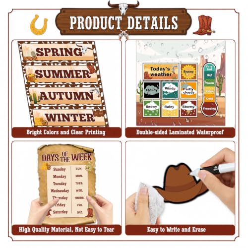 Western Cowboy Calendar Bulletin Board Set for Classroom Decoration Wild Western Calendar Seasons Weather Chart Brown Cowboy Bulletin Board Paper-Cuts for Teachers Elementary School Classroom - style: Western Cowboy
