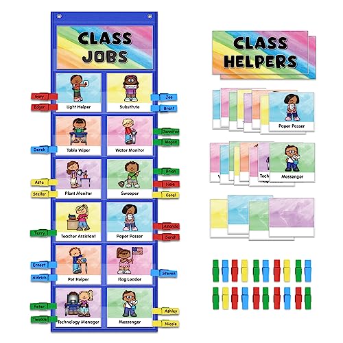 ABCxGOOD Class Jobs Pocket Chart Class Management Educational Pocket Chart Teacher's Helper, Preschool Classroom Must Haves Supplies, Great for Classroom Homeschool. (Blue) (Blue, 29.5"*10") - color: Blue, size: 29.5"*10"
