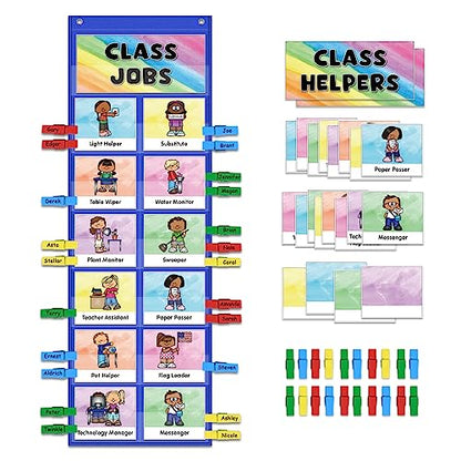 ABCxGOOD Class Jobs Pocket Chart Class Management Educational Pocket Chart Teacher's Helper, Preschool Classroom Must Haves Supplies, Great for Classroom Homeschool. (Blue) (Blue, 29.5"*10") - color: Blue, size: 29.5"*10"