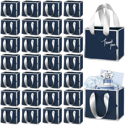 Yeaqee 50 Pcs Mini Metallic Paper Gift Bags with Handle 4.75x2.25x4'' Small Gift Bag DIY Tag Thank You Party Favor for Summer Wedding Baby Shower Birthday Back to School Jewelry (Navy Blue,Silver) - color: Navy Blue, Silver