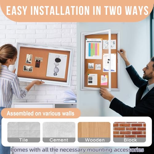 Enclosed Cork Bulletin Board 36"x24" Outdoor Weatherproof Cork Noticeboard with Locking Door Wall-Mounted Silver Aluminium Frame for Home, School, Office, Community, Hospital