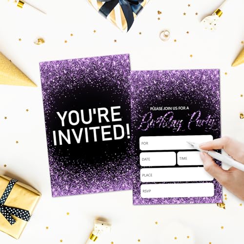 Black Glitter Birthday Invitations With Envelopes Set of 20, Simple Birthday Invites For Girls Boys Teens Adults, Party Favor Supplies-008 - color: Black Glitter