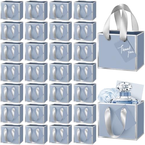 Yeaqee 50 Pcs Mini Metallic Paper Gift Bags with Handle 4.75x2.25x4'' Small Gift Bag DIY Tag Thank You Party Favor for Summer Wedding Baby Shower Birthday Back to School Jewelry (Dusty Blue,Silver) - color: Dusty Blue, Silver