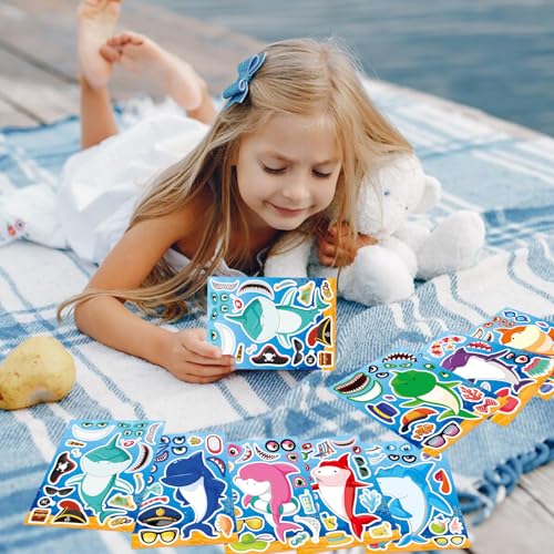 24 Sheets Make Your Own Shark Stickers for Kids Toddlers, Sea Ocean Animals Birthday Party Favors Activities - style: Shark