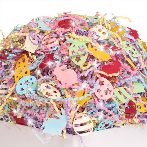 PAPER FAIR Iridescent Easter Grass Crinkle Cut Paper w/Bunny Egg Confetti, 5OZ Blue Yellow Purple Pink Shred Filler Mix Raffia Tissue Craft Bedding Cushion, Party Birthday Gift Box Basket Retail - color: Easter Bunny