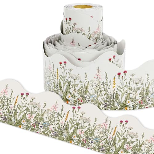 65Ft Vintage Wild Floral Bulletin Boards Decor Botanical Green Leaves Herbs Decorative Trim Border Seasonal Spring Board Trim for School Wall Blackboard Classroom DIY Crafts, 1 Roll