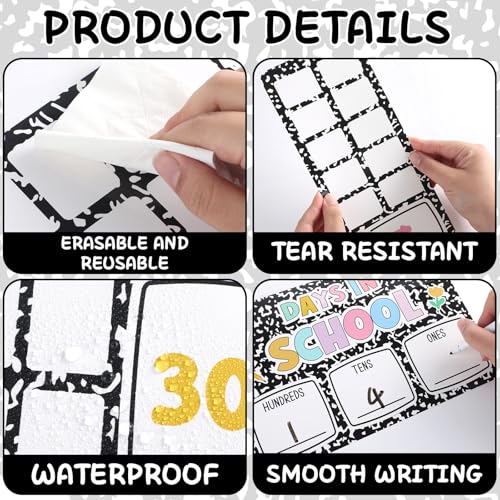 Composition Number of The Day Posters Back to School Countdown Bulletin Board Decoration First Day of School Poster Composition Place Value Chart for Classroom Hundreds Tens Ones Counting Pocket Chart - style: Composition book
