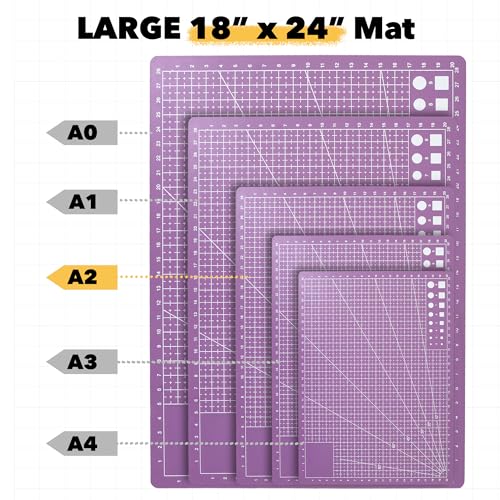 Mandala Crafts Self-Healing Cutting Mat Set – 18" x 24" A2 Purple Pink Double-Sided 5-Ply Mat with Fabric Cutter, Quilt Ruler & Craft Knife for Sewing, Quilting, Leather & Scrapbooking - color: Purple Combo, size: 18 x 24 Inches Mat Combo