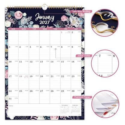 2027 Calendar - 2027 Wall Calendar, 12 Monthly Wall Calendar 2027 from January 2027 - December 2027, 12" x 17", Twin-Wire Binding + Hanging Hook + Ruled Blocks + Thick Paper with Julian Dates - Floral