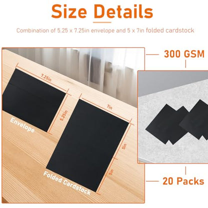 Guakicae Black Thank You Cards and Envelopes 5 x 7 Blank Printable 300GSM Folded Cardstock and A7 Envelopes Self Seal 20 packs for Wedding Invitations, Greeting Cards, Birthday - color: Black, size: 5x7-20pcs