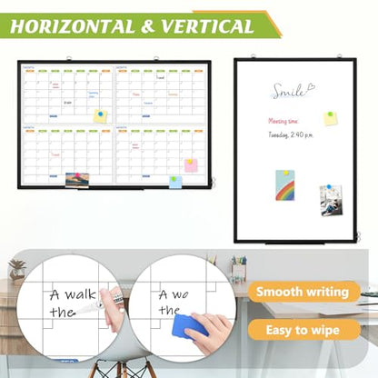 36" x 24" Magnetic Dry Erase Calendar Whiteboard, 4 Month Calendar White Board Planner, Black Aluminum Frame Wall Mounted Board for Office Home and School - color: Black Frame, size: 36"W x 24"H - 4 Month Calendar
