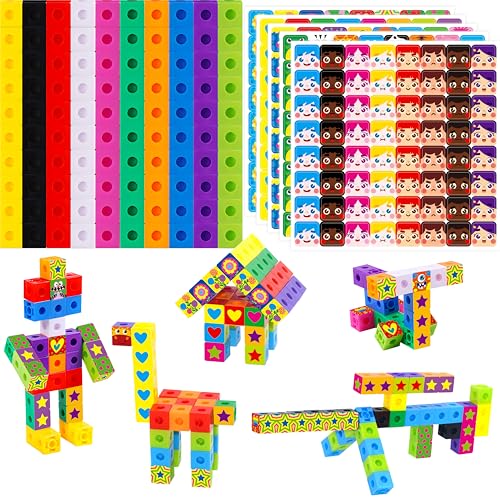 100 Math Linking Cubes, Math Cubes with 320 Reusable Stickers Manipulative Geometric Shapes Connecting and Counting Snap Blocks for Early Math & Construction, Educational Toy for Preschool, Homeschool - style: 100-Cubes+320 Stickers