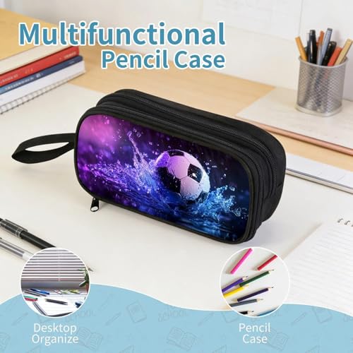 Firmiso Kids Pencil Case, Soccer Water Splash Graphic, Large Capacity Double Zipper Pencil Pouch with Compartments, Durable Polyester Stationery Organizer, Pen Bag for Boys Girls Teens - color: Soccer Water Splash