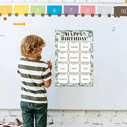 Birthday Chart Poster for Classroom Eucalyptus Happy Birthday Calendar Poster Greenery Reusable Laminated Chart Bulletin Board Decoration for Class Back to School Chalkboard Wall Teacher Supplies