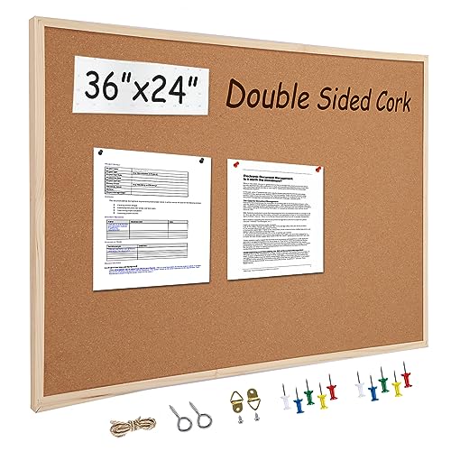24” x 36” Cork Boards for Walls with Wooden Frame 1pack, Double Sided Office Board for Wall Organizer, Bulletins Board Decorative Hanging Pin Board for School, Home & Office, Notice Board Memo Board - color: Beige, size: 36" x 24"