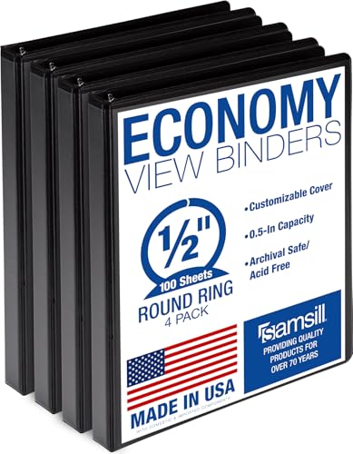 Samsill 0.5 Inch 3 Ring Binders, Economy Round Ring, Clear View Cover, 100 Sheet Capacity - for School, Home, Office - Black, 4 Pack - size: 4-Pack, style: 0.5 Inch