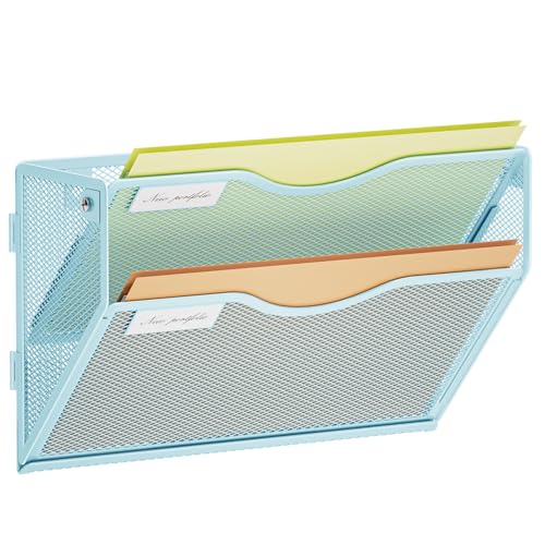 Marbrasse Wall File Holder 2-Tier Hanging Wall File Organizer, Mesh Mail Holder for Papers, Wall Mount File Clipboard & Magazine Organizer Great for Office Home (Blue) - color: Blue