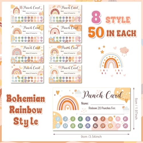 Fumete 400 Pcs Punch Cards for Classroom Reward Cards Behavior Incentive Loyalty Awards for Kids Students Teachers School Business, 8 Styles, 3.5 x 2 in(20 Boho Punches Style) - style: 20 Boho Punches Style