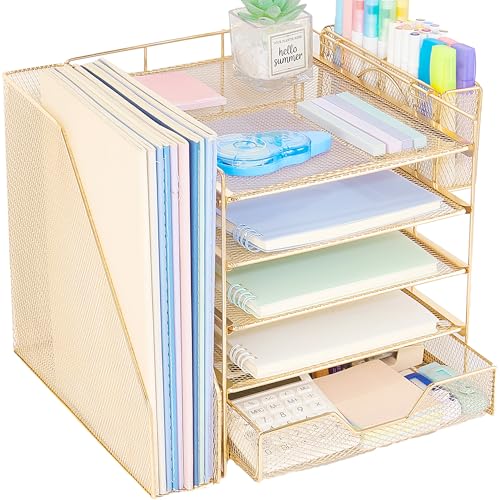 Desk Organizers and Accessories, 5-Tier Paper Letter Tray Organizer with File Holder, Drawer & Pen Holder, Office Desk Accessories, Desktop Organizer for Classroom Office Supplies, Gold - color: Gold