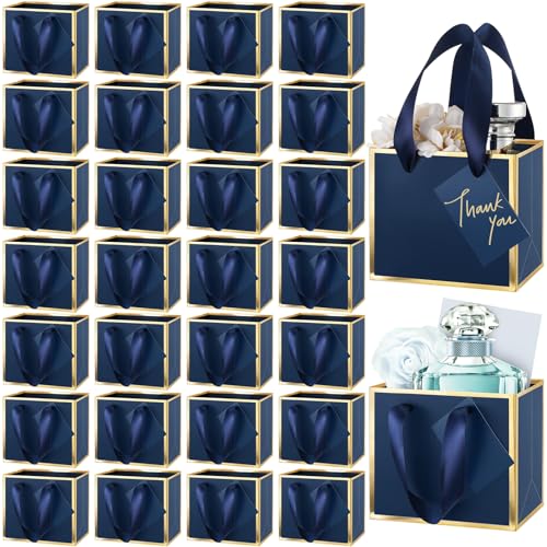 Yeaqee 50 Pcs Mini Metallic Paper Gift Bags with Handle 4.75x2.25x4'' Small Gift Bag DIY Tag Thank You Party Favor for Summer Wedding Baby Shower Birthday Back to School Jewelry (Navy Blue,Gold) - color: Navy Blue, Gold