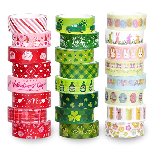 Whaline 24 Rolls Holiday Washi Tape Set Shamrock Easter Egg Heart Masking Tape 0.6 in Green Clover Happy Easter Valentines St. Patrick's Day Decorative Paper Stickers for Scrapbook DIY Craft, 16.4 Ft - style: Valentines St Patricks Easter
