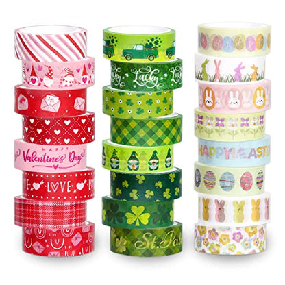 Whaline 24 Rolls Holiday Washi Tape Set Shamrock Easter Egg Heart Masking Tape 0.6 in Green Clover Happy Easter Valentines St. Patrick's Day Decorative Paper Stickers for Scrapbook DIY Craft, 16.4 Ft - style: Valentines St Patricks Easter