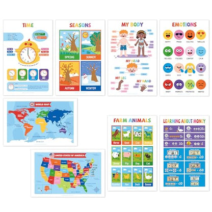 UNCLE WU 16 Pack Educational Posters for Ages 2-6, Preschool Classroom | Laminated learning charts cover ABC, numbers 1-100, shapes, colors, maps, homeschool, daycare, and kindergarten