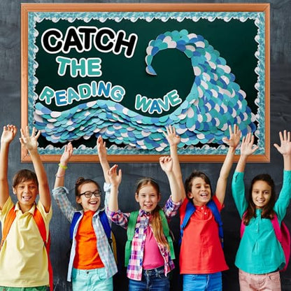 Summer Ocean Reading Bulletin Board Decorations Ocean Waves Theme Bulletin Board Set Catch The Reading Wave Half Heart Cutouts for Library School Classroom Chalkboard Wall Decor - style: Ocean Waves