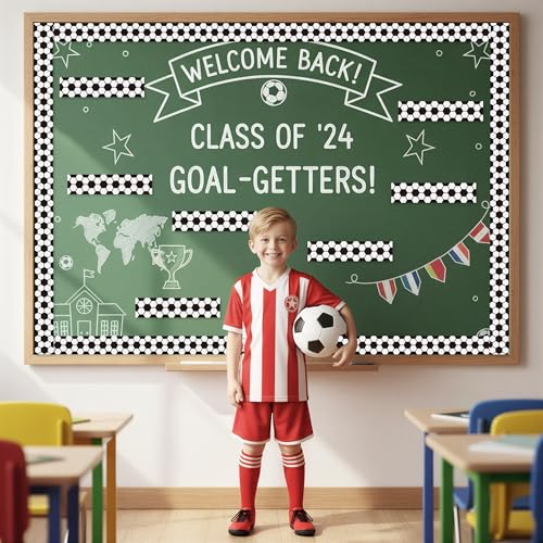 BeYumi Soccer Sport Border Trim - 65ft Back to School Soccer Patterned Straight Rolled Border Trim Black White Football Sports Theme Bulletin Board Set Party School Classroom Chalkboard Wall Decor - style: Soccer Patterned