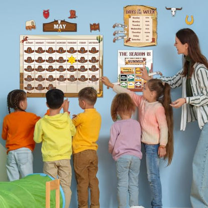 Western Cowboy Calendar Bulletin Board Set for Classroom Decoration Wild Western Calendar Seasons Weather Chart Brown Cowboy Bulletin Board Paper-Cuts for Teachers Elementary School Classroom - style: Western Cowboy