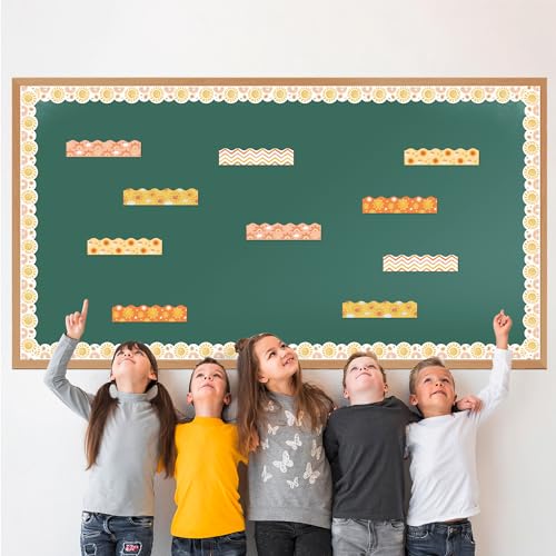 BeYumi 96Pcs Boho Sun Themed Bulletin Board Borders Boho Hippie Sunshine Scalloped Border Trim Decoration Set Rainbow Sun Holiday Back to School Classroom Office Party Chalkboard Blackboard Decor - style: Boho Sun