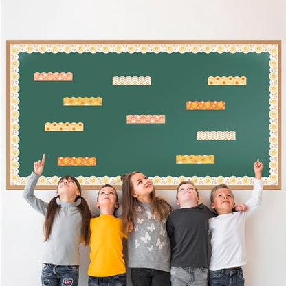 BeYumi 96Pcs Boho Sun Themed Bulletin Board Borders Boho Hippie Sunshine Scalloped Border Trim Decoration Set Rainbow Sun Holiday Back to School Classroom Office Party Chalkboard Blackboard Decor - style: Boho Sun