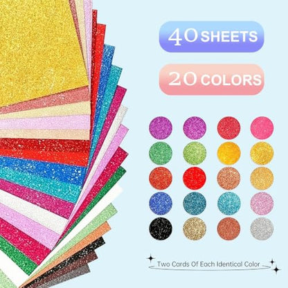 40 Sheets A5 Glitter Cardstock, 20 Colors, Greeting Card, Scrapbook, DIY | 250 GSM Structured Glitter Paper, Easy to Cut, Fold, Bond, Cupcake Toppers, Scrapbooks, Birthday Banners, Gift Packaging