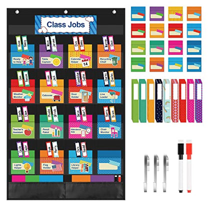KIKIGOAL Class Jobs Pocket Chart Bulletin Board for School Classroom,Teacher's Helper Classroom Management Educational Pocket Chart (Black) - color: Black