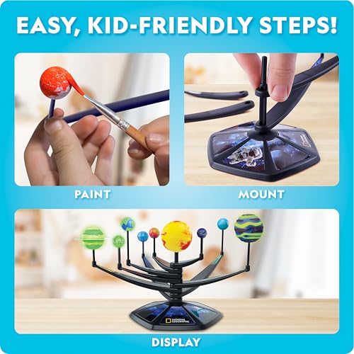 National Geographic Glow-in-the-Dark Solar System Model Kit for Kids - Build & Paint a 3D Planetary Model with Movable Arms, STEM Projects for Kids Ages 8-12, Space Themed Bedroom Decor - style: Solar System Model