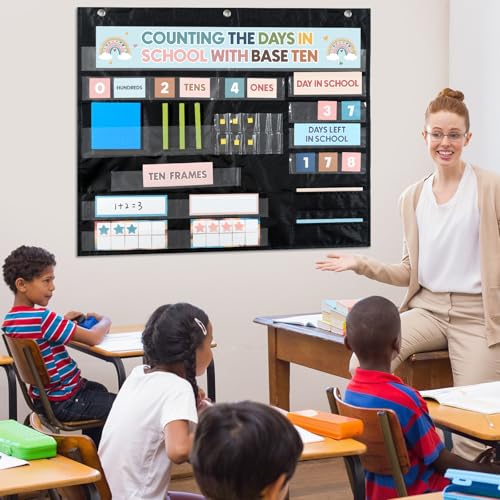 Boho Back to School Counting The Days with Base Ten Pocket Chart Place Value Teaching Materials Counting Pocket Chart for Kids Toddler Learning Activities Classroom Bulletin Board Home Decor - style: Bohemian