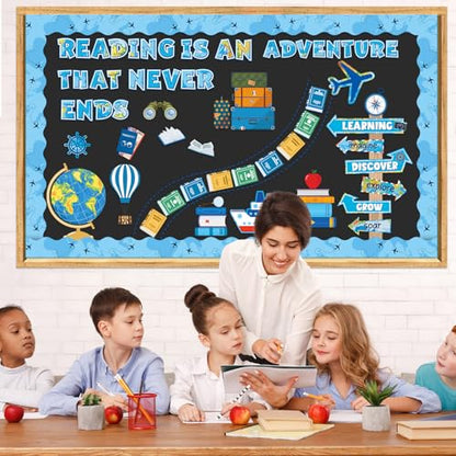 Reading Travel Bulletin Board Decorations Set Blue Reading is an Adventure Bulletin Board Classroom Decorations Motivational Signpost Paper Cutouts for Back to School Library Chalkboard Wall Decor - style: Blue Travel