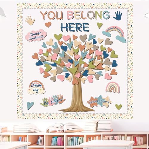 Boho Classroom Tree Bulletin Board Decorations Heart Cutouts Border Welcome Classroom You Belong Here Bulletin Board Decor Supplies for Chalkboard Elementary School Home Wall(You Belong Here) - style: You Belong Here