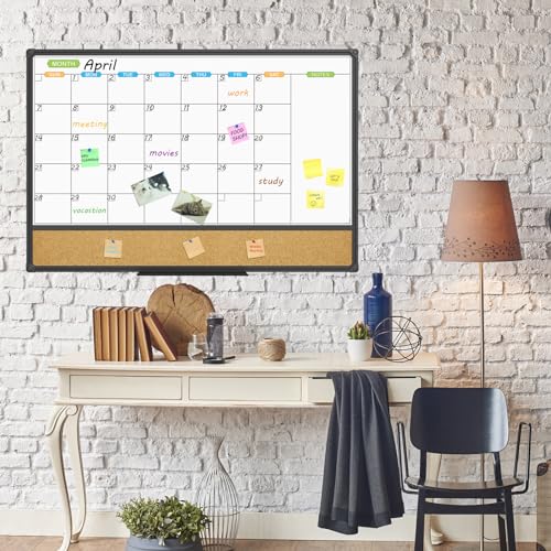 JILoffice Magnetic Calendar Whiteboard & Bulletin Corkboard Combination, Combo Board 36 x 24 Inch, Black Aluminum Frame Wall Mounted Board for Office Home and School with 10 Push Pins