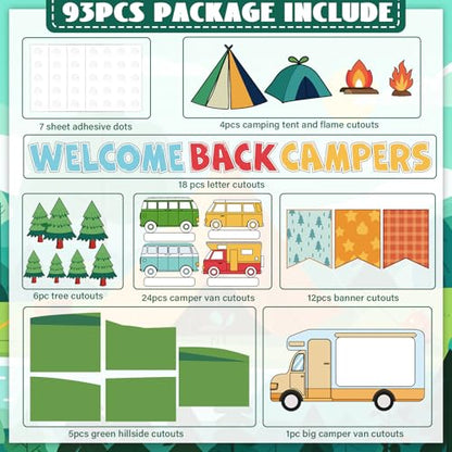 Summer Camping Bulletin Board Decorations Set Welcome Back Camper Classroom Decor Adventure Camp Themed Campfire Tent Paper Cutouts for Woodland Party Back to School Chalkboard Wall Supplies Favor - style: Summer Camping